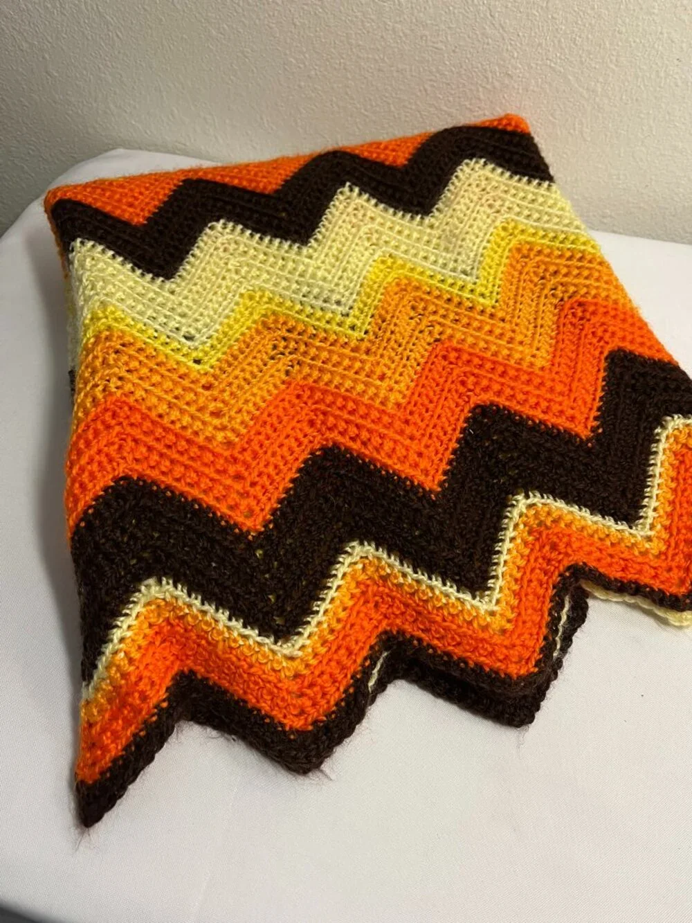Vintage Crochet Afghan Chevron Zig Zag Orange Fall Autumn Colors 49 X 63